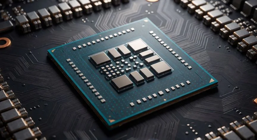 Fotografía macro realista de un procesador Intel con detalles del silicio y circuitos
