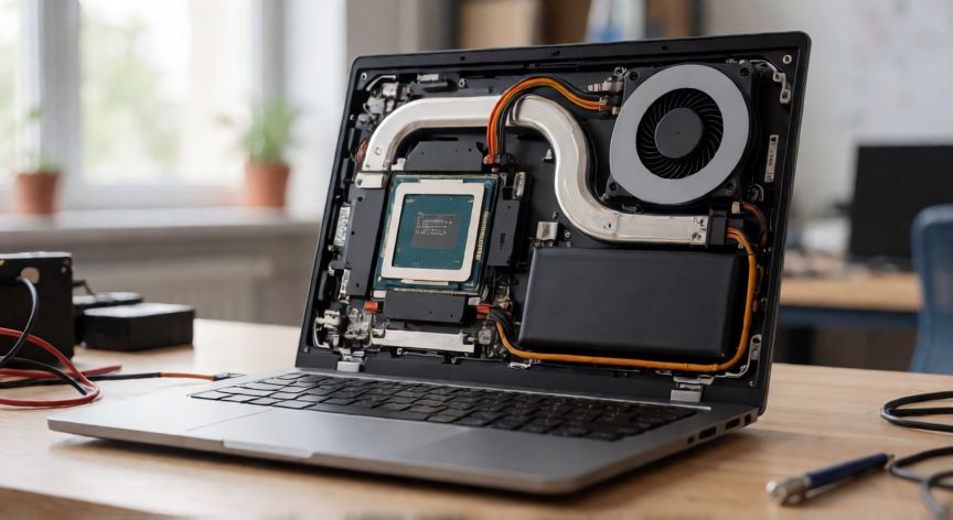 que tecnologia han usado cada una de las generaciones de los procesadores de intel, Módulo de refrigeración con procesador, disipador y ventilador dentro de un portátil