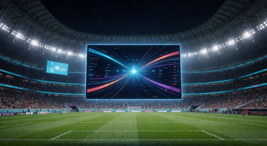 que tecnologia hay en el mundial 2026, Estadio de fútbol del Mundial 2026 con tecnología VAR y pantallas de análisis durante un partido