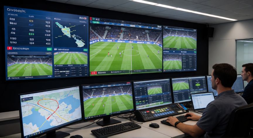 que tecnologia hay en el mundial 2026, Sala de producción de datos y transmisión en directo para un partido del Mundial 2026