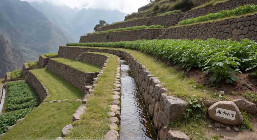 qué tecnología hidráulica desarrollaron los incas, Andenes incas con canales de riego en una ladera andina