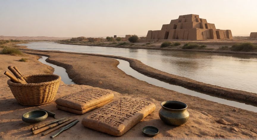 qué tecnología implementa el imperio sumerio, Paisaje sumerio antiguo con zigurat, canales de riego y tablillas cuneiformes