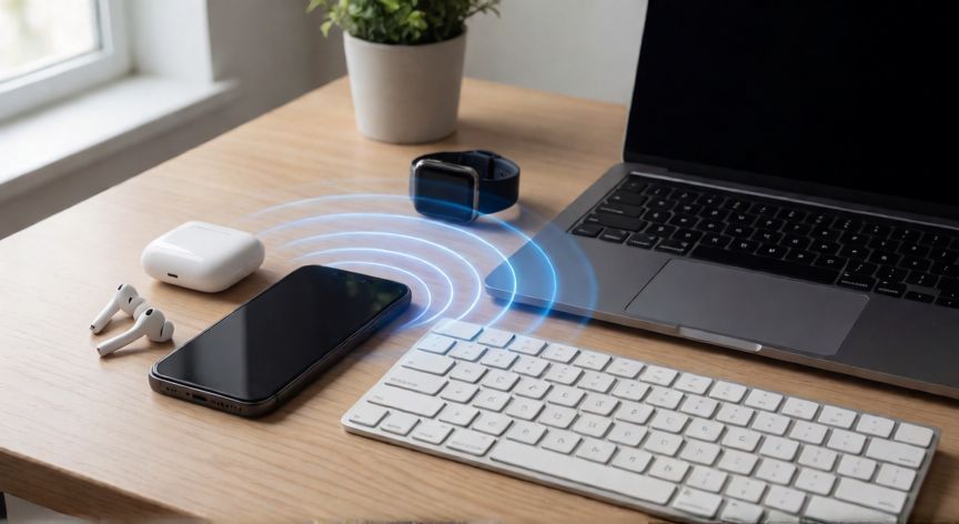 qué tecnología inalámbrica permite la comunicación de corto alcance entre dispositivos, Smartphone, audífonos inalámbricos, reloj inteligente y laptop conectados por Bluetooth en una mesa de trabajo