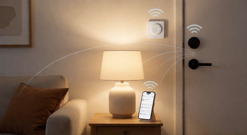 qué tecnología inalámbrica permite la comunicación de corto alcance entre dispositivos, Hogar inteligente con bombilla, cerradura, termostato y teléfono conectados mediante tecnología inalámbrica de corto alcance