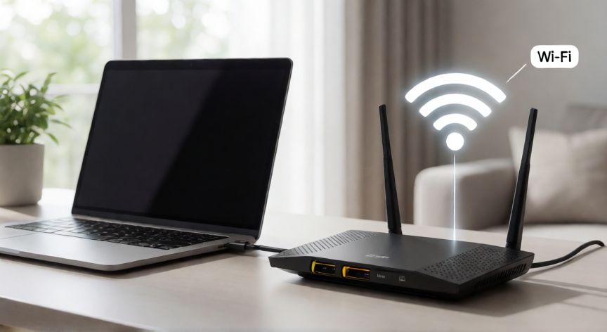 que tecnologia inalambrica permite que un cliente se conecte, Porttil conectado a un router por red inalmbrica Wi-Fi