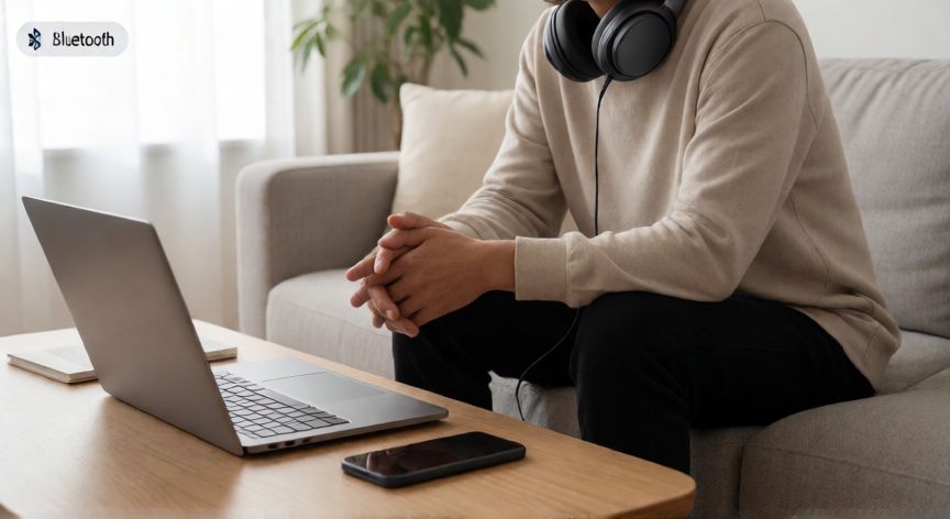 que tecnologia inalambrica se puede utilizar para conectar auriculares, persona con auriculares inalámbricos Bluetooth en una sala de casa
