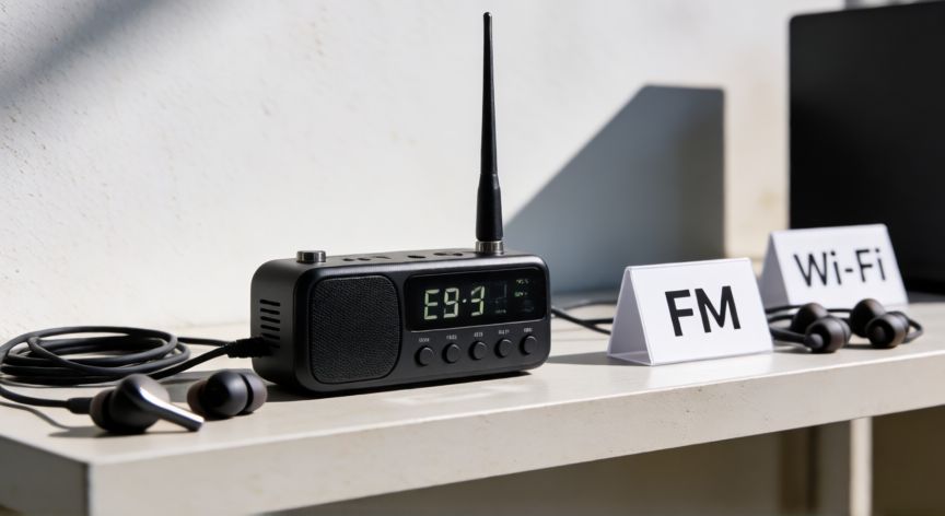 que tecnologia inalambrica se puede utilizar para conectar auriculares, transmisor inalámbrico de audio para auriculares con opciones FM y Wi-Fi