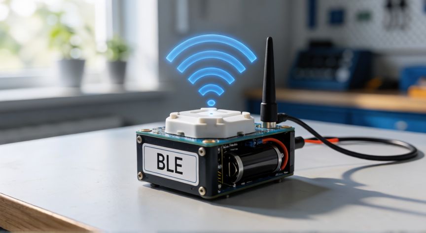 que tecnologia inalambrica tiene requisitos de baja potencia y de velocidad, Sensor IoT inalámbrico de baja potencia con tecnología BLE en una mesa de laboratorio