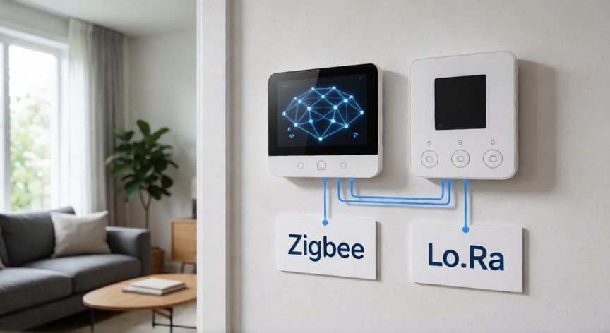 que tecnologia inalambrica tiene requisitos de baja potencia y de velocidad, Panel domótico con sensores inalámbricos Zigbee, LoRa y dispositivos conectados en un hogar inteligente