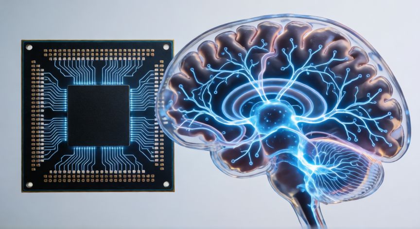 que tecnologia inspirada en el cerebro humano, Chip de computación neuromórfica con trazas inspiradas en neuronas junto a una representación transparente del cerebro humano