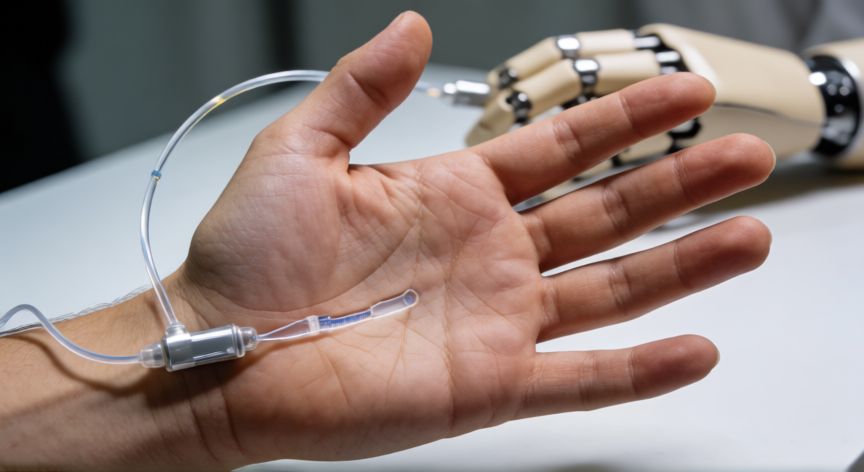 que tecnologia inspirada en el cerebro humano, Mano humana con interfaz neural sutil conectada a una prótesis robótica mediante un cable transparente