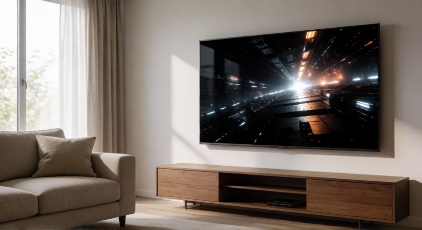 que tecnologia led es mejor, Salón moderno con televisor grande mostrando escena de alto contraste