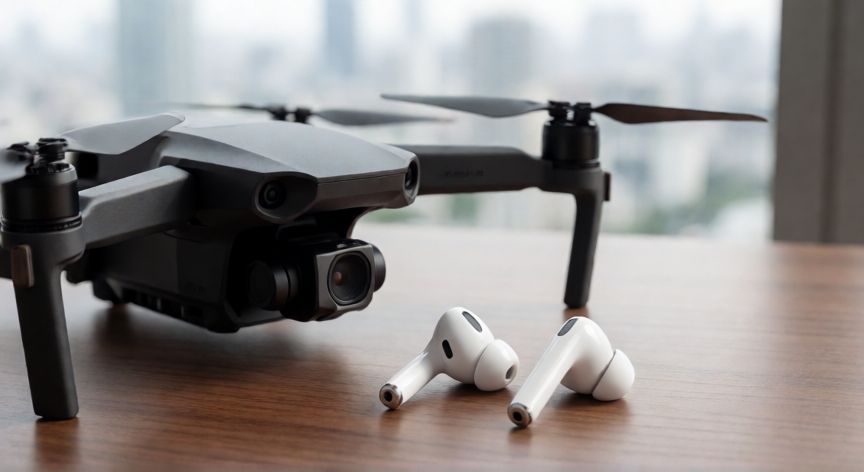 Drone y auriculares inalámbricos chinos sobre escritorio moderno