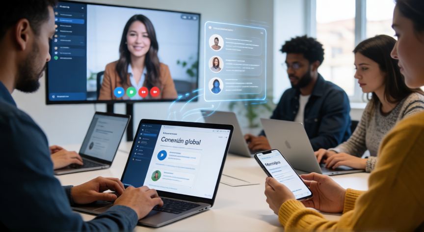 qué tecnología moderna ha revolucionado la comunicación en los últimos años, Personas usando tecnología moderna para comunicar mediante videollamadas y mensajería instantánea