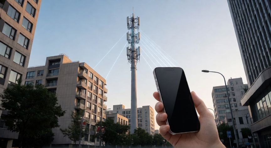 qué tecnología móvil admite velocidades de hasta 20 gbps, Teléfono móvil conectado a una antena 5G en una ciudad