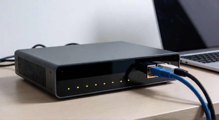 que tecnologia permite que los dispositivos en una red de solo ipv6, Router de red con puertos Ethernet y LEDs de estado para mostrar traducción NAT64 entre IPv6 e IPv4