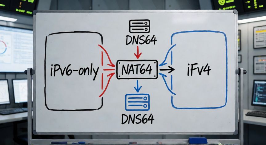 que tecnologia permite que los dispositivos en una red de solo ipv6, Diagrama de red con zonas IPv6-only y IPv4 conectadas mediante un gateway NAT64 y DNS64