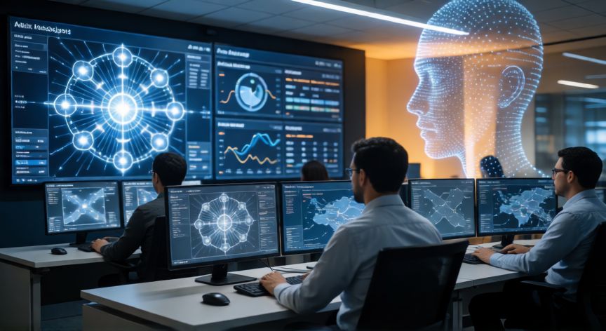 que tecnologia podria aumentar la preocupacion por la seguridad, Analistas de ciberseguridad monitorizando amenazas de inteligencia artificial en una sala de control moderna