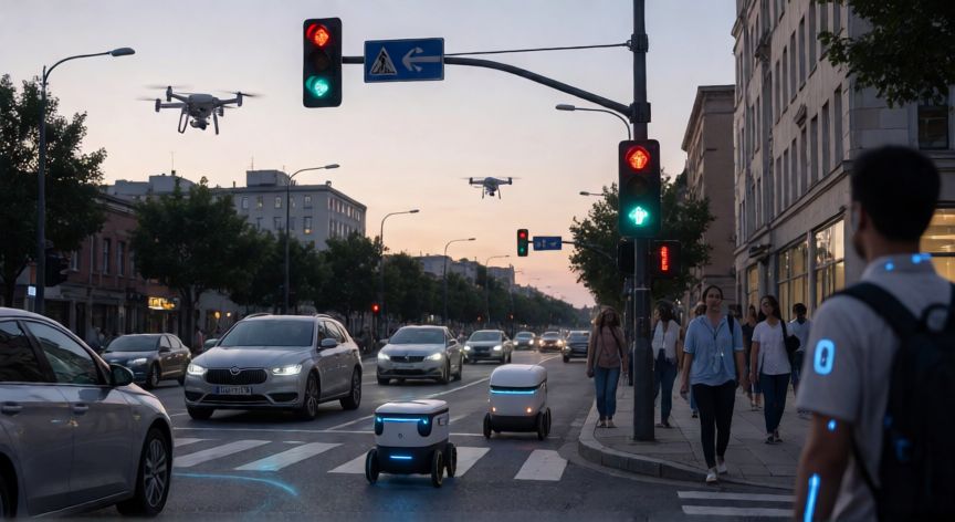que tecnologia podria aumentar la preocupacion por la seguridad, Ciudad inteligente con vehículos autónomos, drones y dispositivos conectados ilustrando la hiperconectividad y los riesgos de seguridad