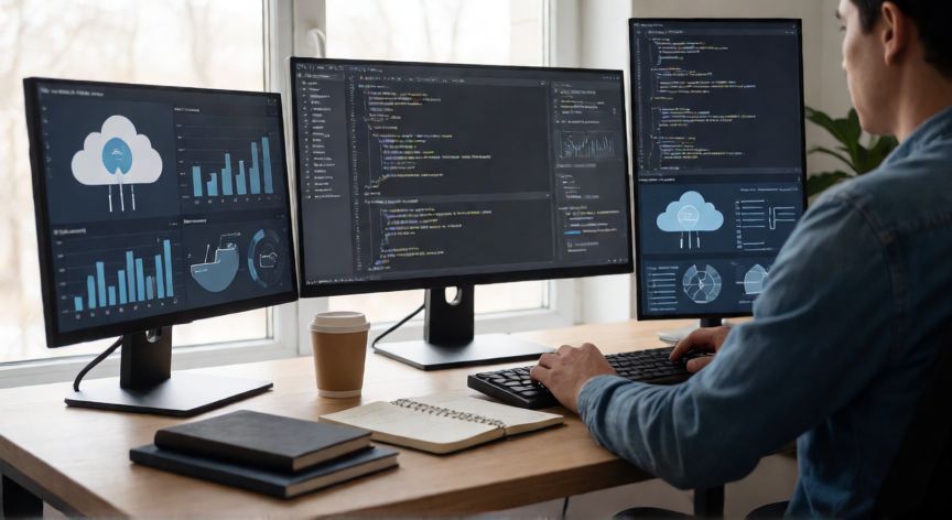 que tecnologia puedo estudiar, Persona estudiando tecnologia con codigo y datos en varias pantallas