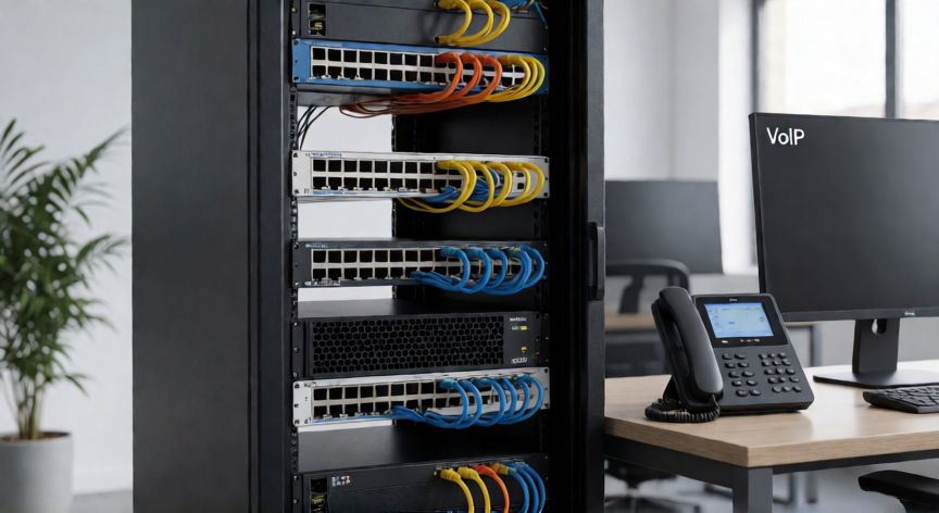 que tecnologia se puede utilizar para proteger voip, Arquitectura de red segura para VoIP con servidores, conmutadores, firewall y teléfono de escritorio