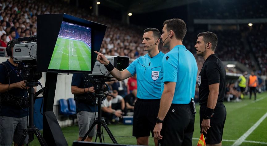 que tecnologia se usa en el futbol, Árbitro revisando una jugada con el videomarcador en un estadio de fútbol profesional