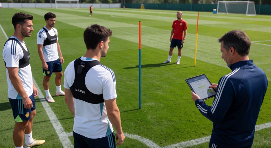 que tecnologia se usa en el futbol, Jugadores de fútbol entrenando con dispositivos GPS y analizando datos tácticos