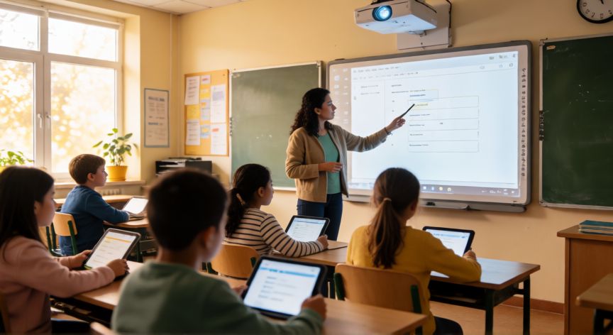 que tecnologia se usa en la educacion, Aula moderna con docentes y estudiantes usando pizarra digital y tablets