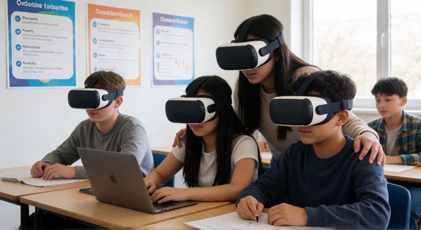 que tecnologia se usa en la educacion, Estudiantes aprendiendo con realidad virtual y herramientas digitales colaborativas