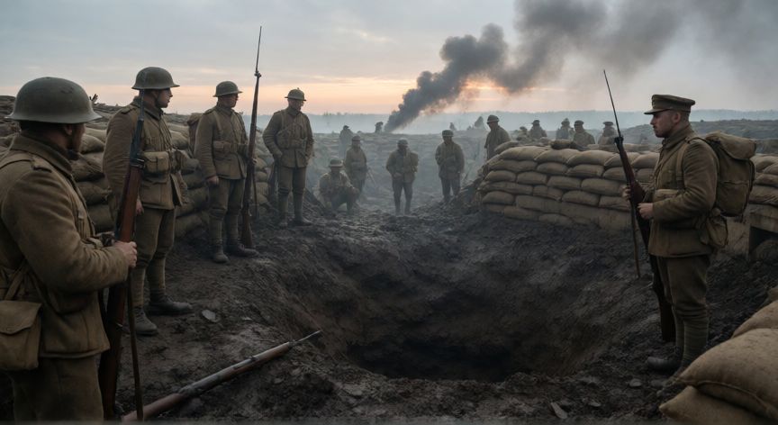 que tecnologia se uso en la primera guerra mundial, Campo de trincheras con soldados y artillería durante la Primera Guerra Mundial