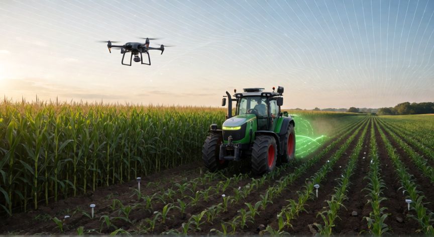 qué tecnología se utiliza en la agricultura, tractor autónomo y drone agrícola trabajando en un campo de maíz con tecnología de precisión