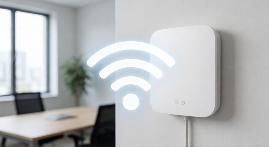 que tecnologia se utiliza para identificar en forma unica a una red wlan, Punto de acceso inalámbrico WLAN en una pared de oficina