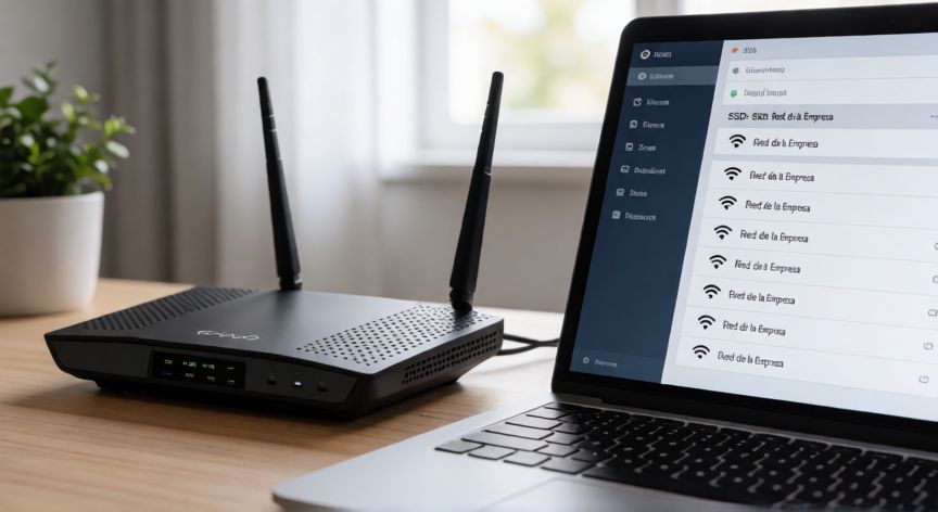 que tecnologia se utiliza para identificar una red wlan, Router inalámbrico y portátil mostrando la lista de redes WLAN con el SSID visible