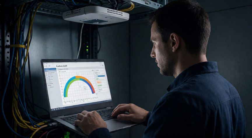 que tecnologia se utiliza para identificar una red wlan, Técnico de red realizando auditoría de seguridad en una red WLAN empresarial