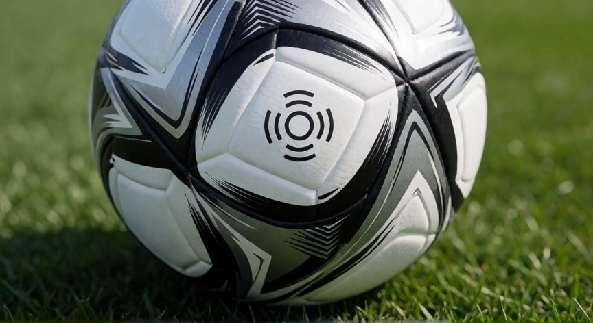 Detalle del balón de fútbol mundial con tecnología NFC integrada sobre el césped.