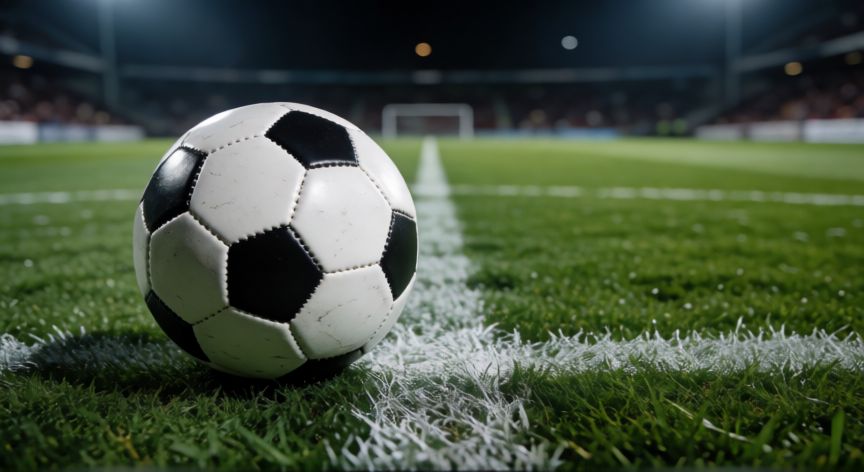 que tecnología tiene el balón del mundial 2026, Balón de fútbol moderno con costuras visibles en el centro del campo durante la noche