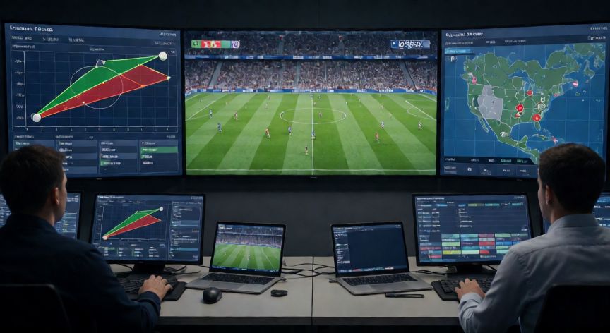 que tecnología tiene el balón del mundial 2026, Sala de control de retransmisión con pantallas mostrando datos en tiempo real de la trayectoria del balón