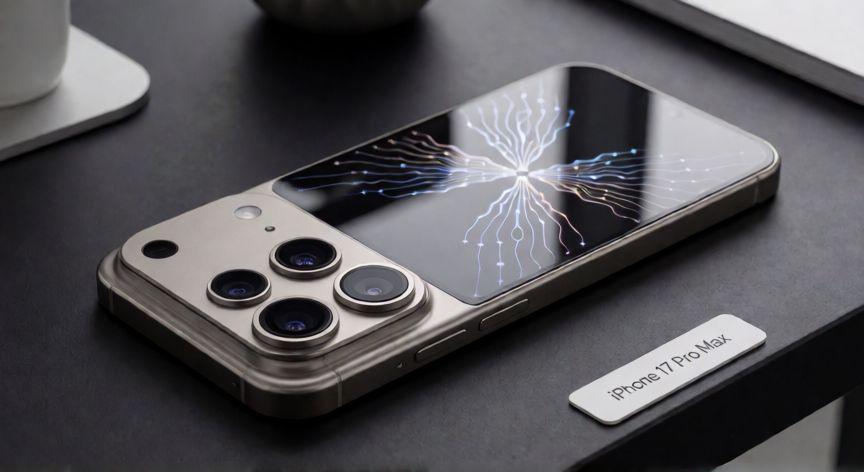 que tecnologia tiene el iphone 17 pro max, iPhone 17 Pro Max con módulo de cámaras avanzado y diseño premium sobre escritorio tecnológico