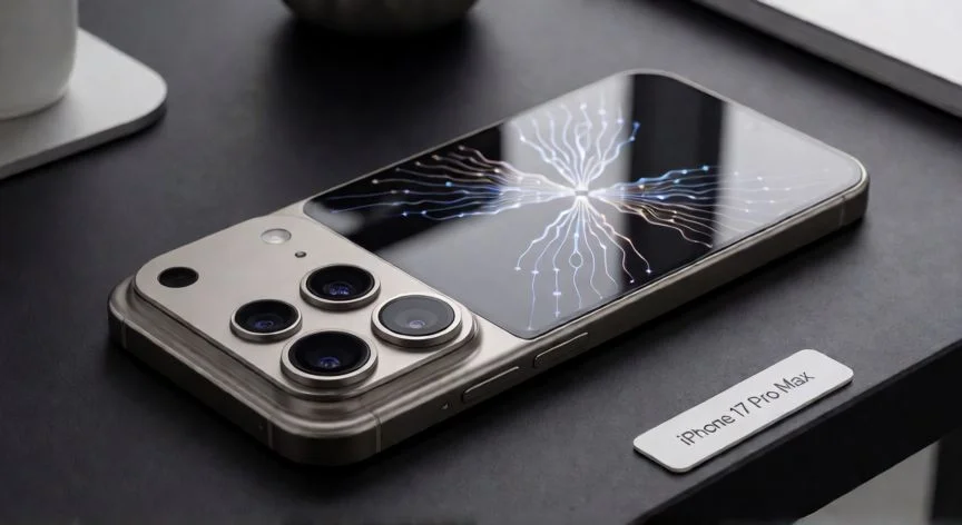 iPhone 17 Pro Max con módulo de cámaras avanzado y diseño premium sobre escritorio tecnológico