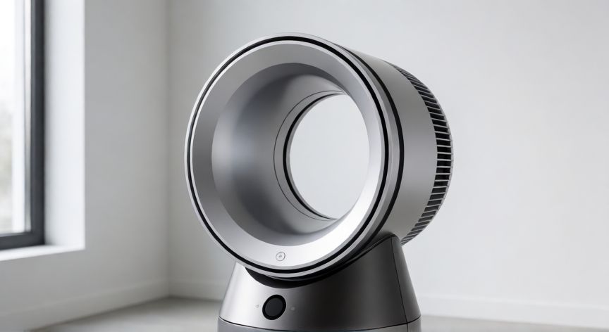 que tecnologia tiene la dyson, Ventilador sin aspas de Dyson con tecnología de aire multiproyector en una habitación moderna