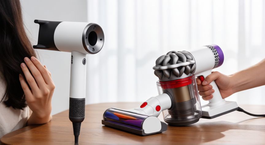 que tecnologia tiene la dyson, Secador de pelo y aspiradora inalámbrica de Dyson sobre una mesa de madera en un entorno limpio