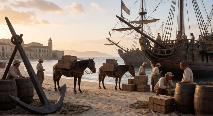 que tecnologia trajeron los españoles a america, Puerto colonial americano con barcos españoles, caballos y carga en el amanecer