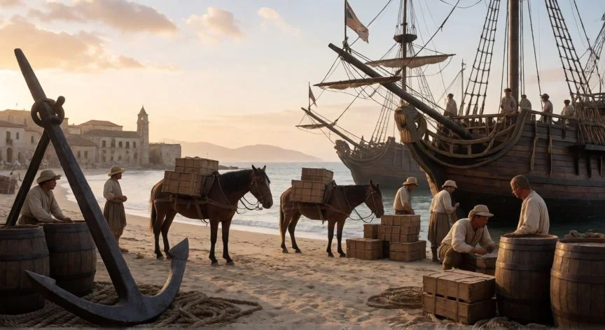 Puerto colonial americano con barcos españoles, caballos y carga en el amanecer