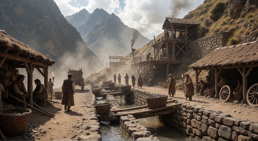 que tecnologia trajeron los españoles a america, Jazaga colonial de plata en los Andes con mineros, canales de agua y carretas
