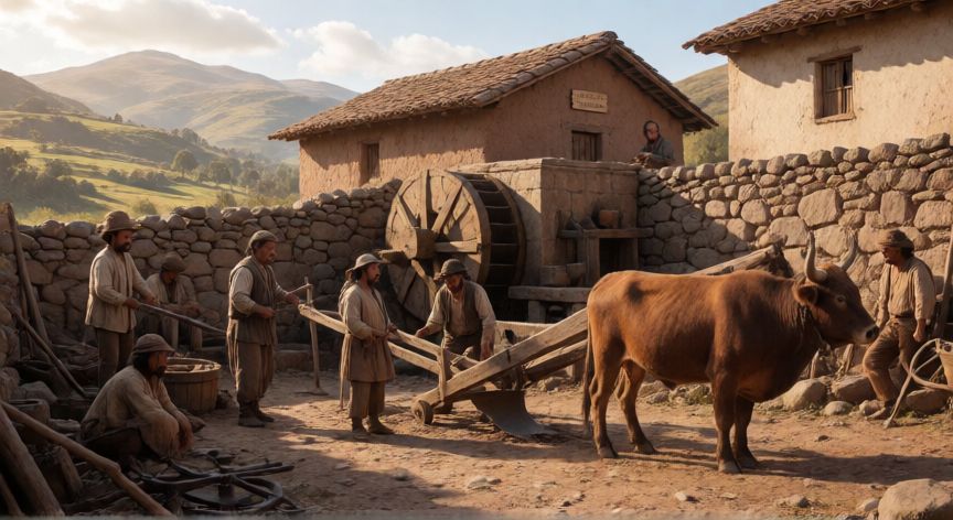qué tecnología trajeron los españoles al perú, Taller colonial en el Perú con herramientas españolas, arado, molino hidráulico y trabajo minero del siglo XVI