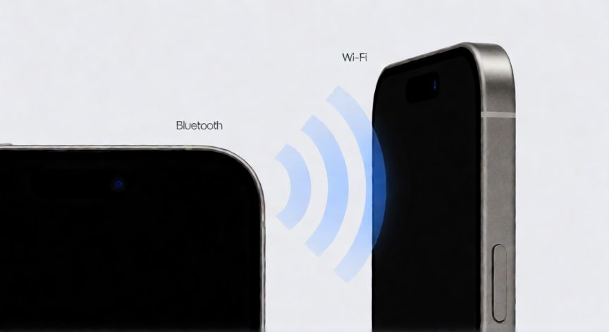 que tecnologia usa airdrop, Tres móviles Apple con símbolos de Bluetooth y Wi-Fi cerca durante una transferencia AirDrop