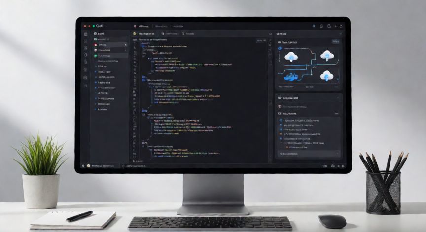 que tecnologia usa codi, Escritorio de desarrollo con interfaz de Codi mostrando código, asistente de IA y arquitectura de nubes