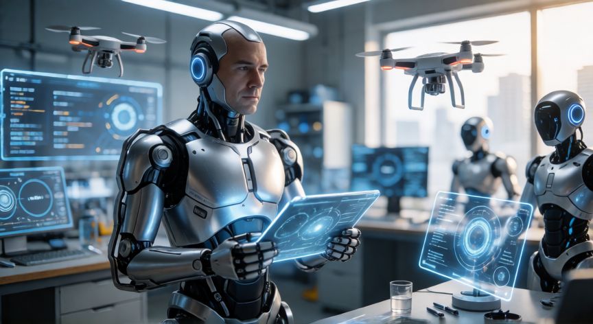 que tecnologia usa tony stark, Inventor futurista con exoesqueleto robótico en taller tecnológico