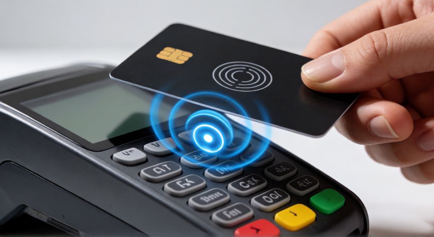 que tecnologia usan las tarjetas contactless, Tarjeta contactless acercándose a un terminal de pago mostrando la comunicación por radiofrecuencia