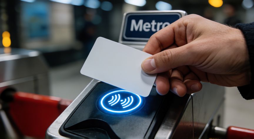que tecnologia usan las tarjetas del metro, Tarjeta del metro cerca del lector sin contacto en una estación de metro